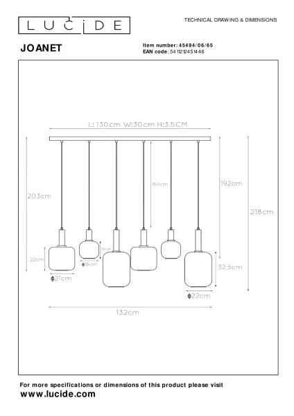 Lucide JOANET - Pendant light - 6xE27 - Smoke Grey - technical